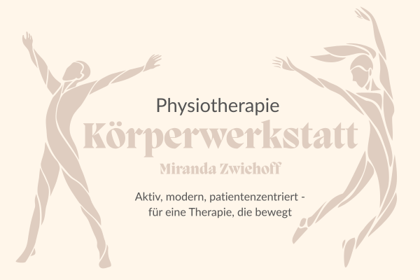 Logo mit zwei bewegten Figuren und dem Schriftzug „Physiotherapie Körperwerkstatt Miranda Zwiehoff – Aktiv, modern, patientenzentriert – für eine Therapie, die bewegt“