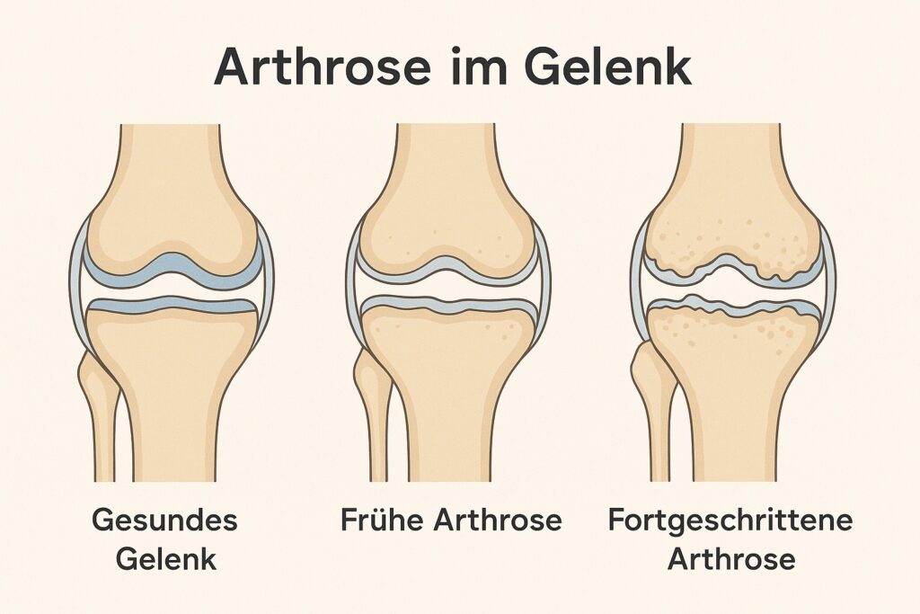 Dreiteilige Illustration eines Kniegelenks: gesundes Gelenk, beginnende Arthrose und fortgeschrittene Arthrose mit Knorpelabbau und Knochenveränderungen.
