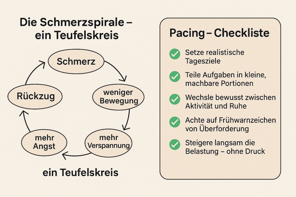 Grafische Darstellung der Schmerzspirale als Teufelskreis und Checkliste zur Pacing-Strategie