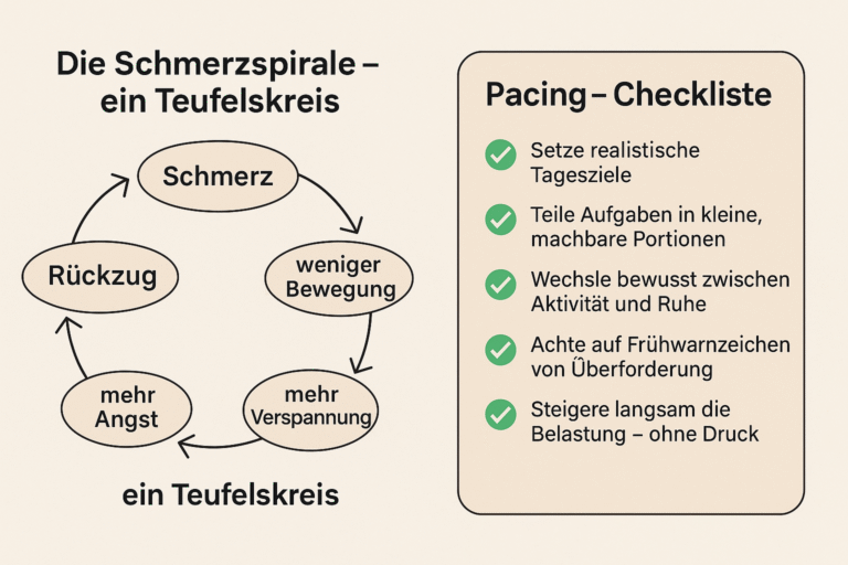 Grafische Darstellung der Schmerzspirale als Teufelskreis und Checkliste zur Pacing-Strategie