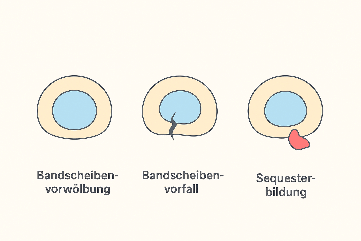 Medizinische Illustration in Draufsicht zeigt drei Varianten eines Bandscheibenvorfalls: Bandscheibenvorwölbung mit gedehntem Faserring, Bandscheibenvorfall mit Einrissen und hervortretendem Kern, sowie Sequesterbildung mit ausgetretenem Bandscheibenmaterial.