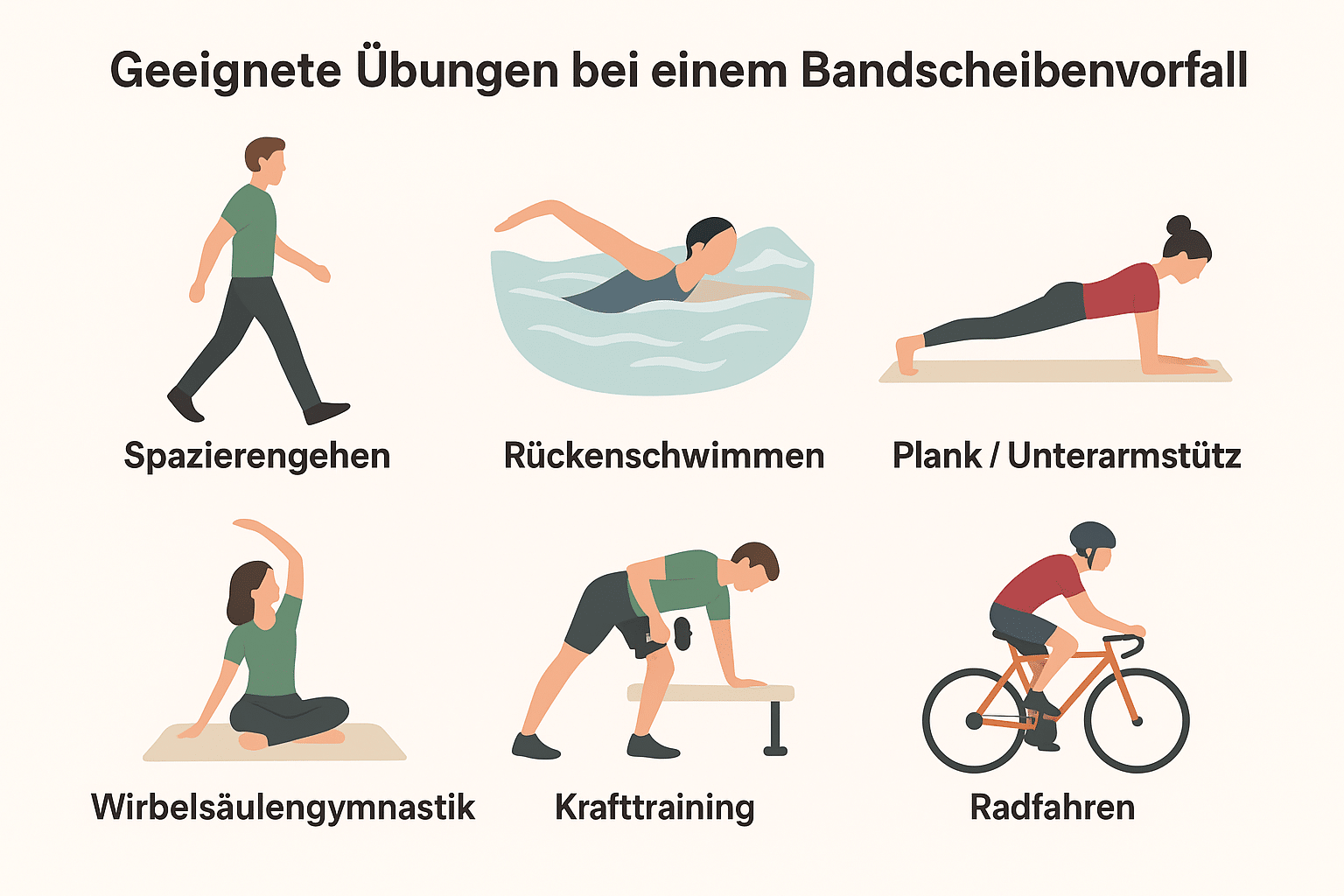 Infografik zeigt sechs geeignete Übungen bei Bandscheibenvorfall: Spazierengehen, Rückenschwimmen, Plank/Unterarmstütz, Wirbelsäulengymnastik, Krafttraining und Radfahren.