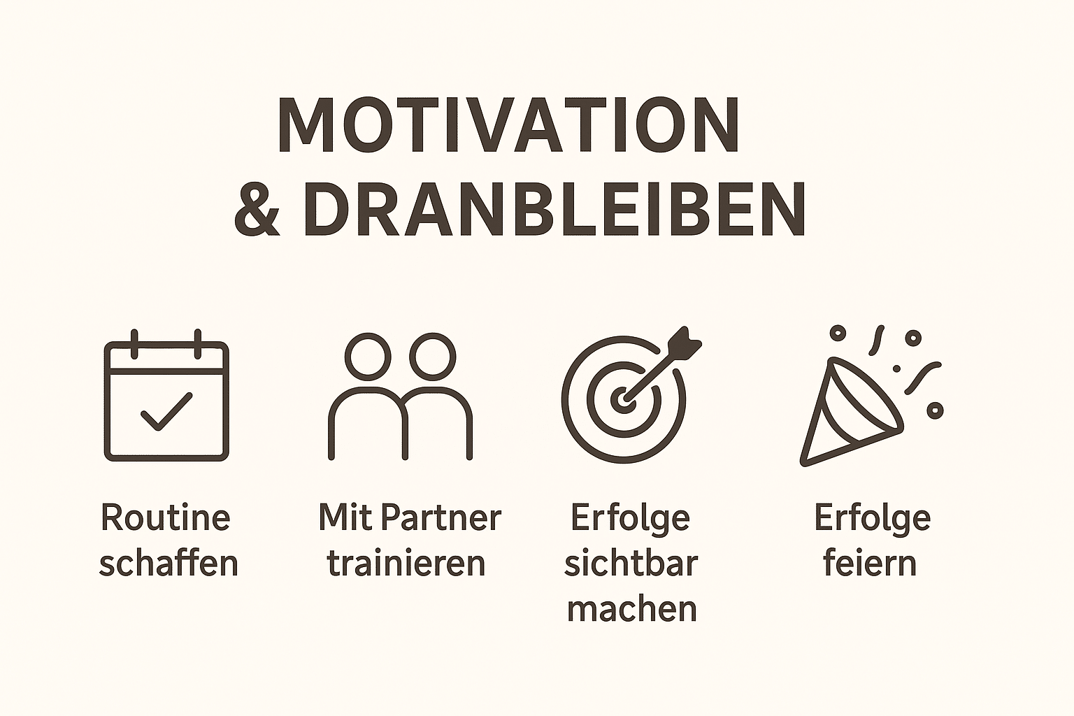 Infografik mit Icons: Kalender, Partner, Zielscheibe und Konfetti zeigen Strategien, um bei Arthrose langfristig aktiv und motiviert zu bleiben.