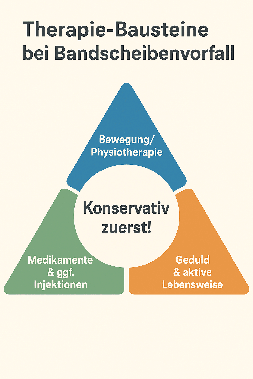 Infografik zeigt drei Therapie-Bausteine bei Bandscheibenvorfall: Bewegung/Physiotherapie, Medikamente & Injektionen sowie Geduld & aktive Lebensweise. In der Mitte steht „Konservativ zuerst!“.