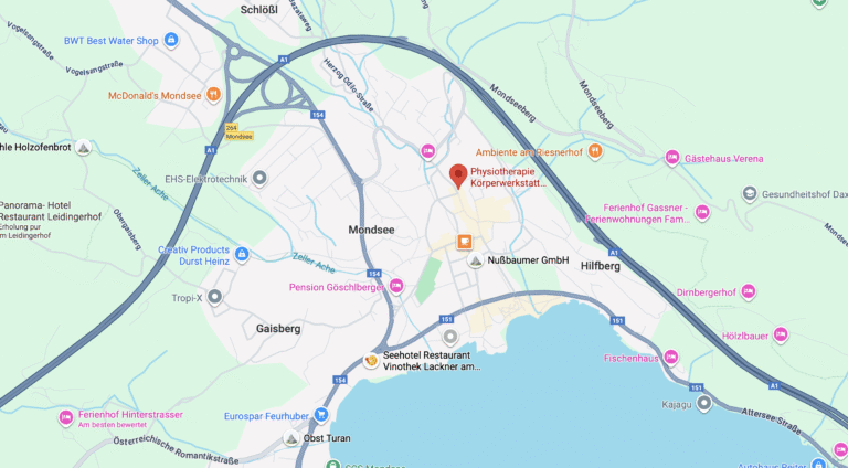 Karte mit der Lage der Physiotherapie Körperwerkstatt in Mondsee. Zum Öffnen in Google Maps klicken.