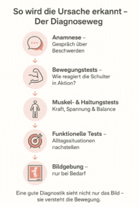 Infografik zeigt den physiotherapeutischen Diagnoseweg bei Schulterschmerzen – von Anamnese und Bewegungstests über Muskel- und Haltungstests bis hin zu funktionellen Tests und Bildgebung bei Bedarf.