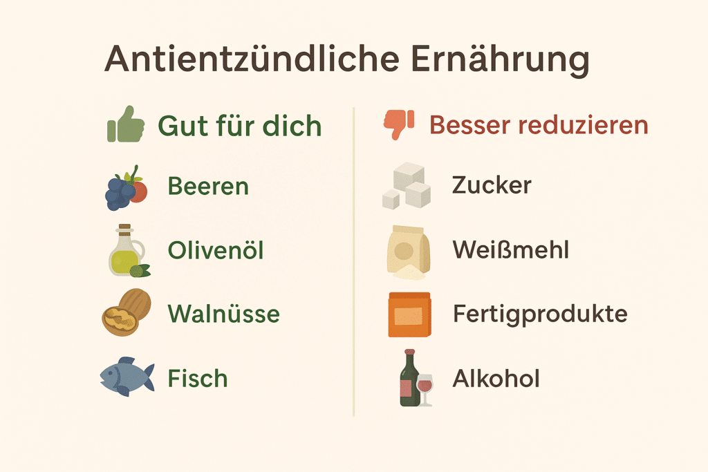 Zweispaltige Infografik zur antientzündlichen Ernährung: Links Lebensmittel wie Beeren, Olivenöl, Walnüsse und Fisch, die entzündungshemmend wirken. Rechts Lebensmittel wie Zucker, Weißmehl, Fertigprodukte und Alkohol, die Entzündungen fördern können.