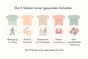 Infografik zeigt fünf Säulen einer gesunden Schulter: Bewegung im Alltag, Kraft und Kontrolle, ergonomischer Arbeitsplatz, Stressmanagement und anti-entzündliche Ernährung. Jede Säule ist mit einem passenden Icon dargestellt.
