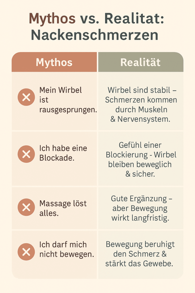 Infografik zu Mythen und Fakten über Nackenschmerzen: zeigt vier verbreitete Mythen wie „Mein Wirbel ist rausgesprungen“ und stellt evidenzbasierte Erklärungen gegenüber, dass Wirbel stabil sind, Blockaden funktionell entstehen, Massage nur ergänzend hilft und Bewegung Schmerzen langfristig reduziert.