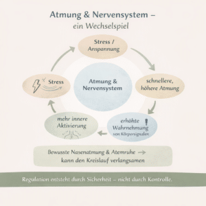 Kreisförmige Infografik zum Zusammenhang zwischen Atmung und Nervensystem: Stress führt zu schnellerer Atmung, erhöhter Wahrnehmung von Körpersignalen und innerer Aktivierung. Bewusste Nasenatmung kann diesen Kreislauf verlangsamen.