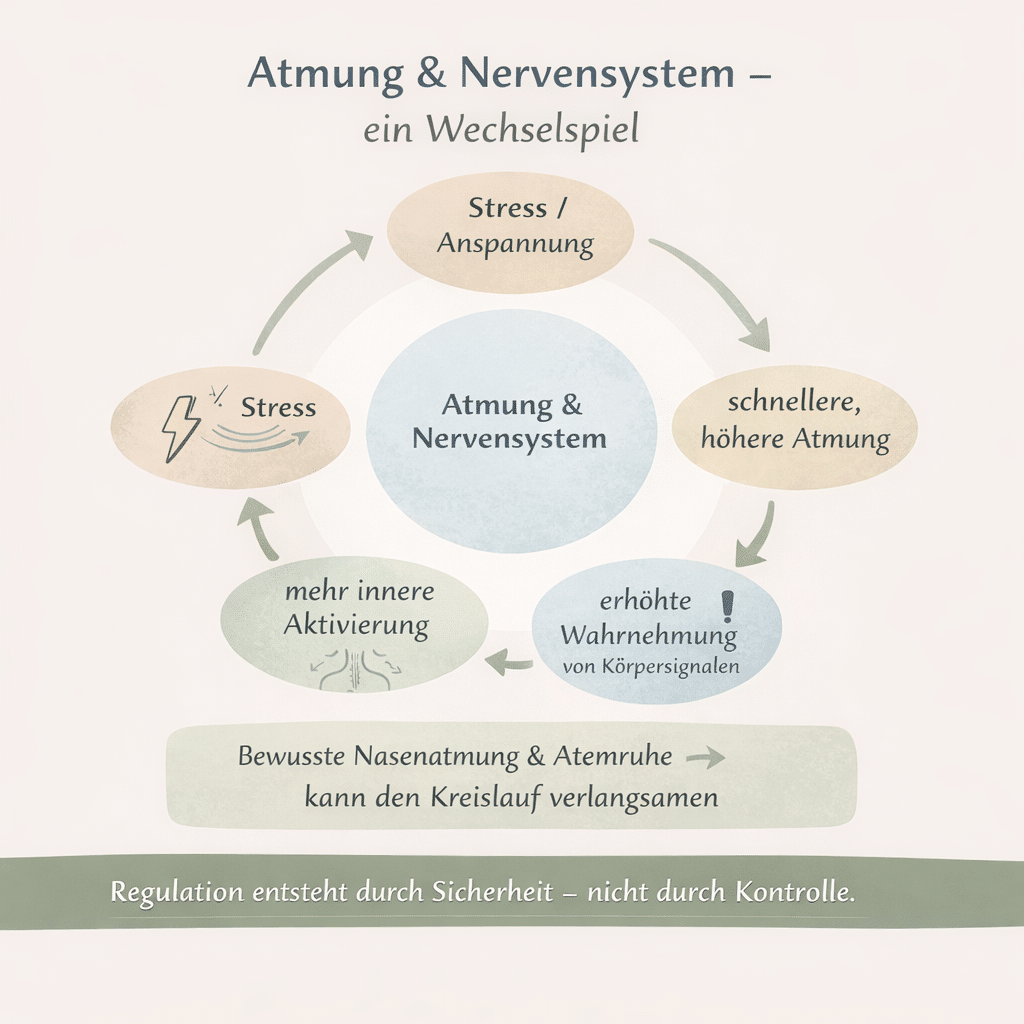 Kreisförmige Infografik zum Zusammenhang zwischen Atmung und Nervensystem: Stress führt zu schnellerer Atmung, erhöhter Wahrnehmung von Körpersignalen und innerer Aktivierung. Bewusste Nasenatmung kann diesen Kreislauf verlangsamen.