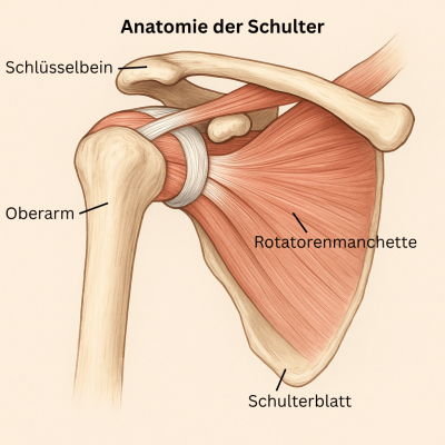 Schematische Illustration des menschlichen Schultergelenks mit Oberarmkopf, Gelenkpfanne, Schulterblatt, Schlüsselbein und Rotatorenmanschette in sanften Farben. Leicht verständliche Darstellung