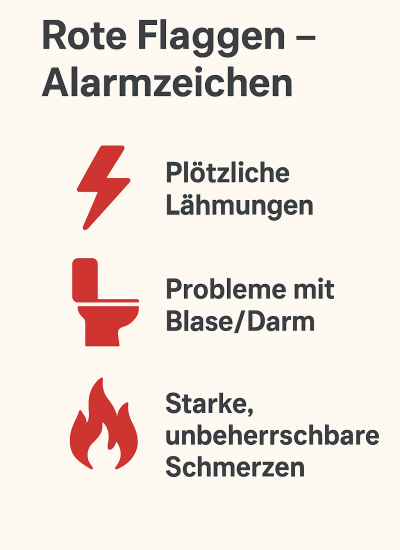 Infografik zu Alarmzeichen bei Bandscheibenvorfall mit drei Symbolen: Blitz für plötzliche Lähmungen, WC-Symbol für Probleme mit Blase oder Darm, Flamme für starke unkontrollierbare Schmerzen.