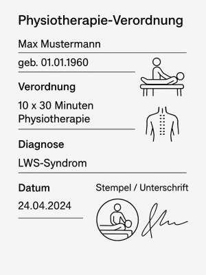 Beispiel einer Physiotherapie-Verordnung mit der Angabe „10 × 30 Minuten Physiotherapie“ und der Diagnose „LWS-Syndrom“, ergänzt durch einfache Piktogramme für physiotherapeutische Behandlung.