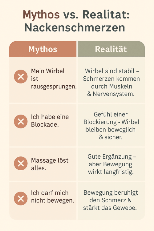 Infografik zu Mythen und Fakten über Nackenschmerzen: zeigt vier verbreitete Mythen wie „Mein Wirbel ist rausgesprungen“ und stellt evidenzbasierte Erklärungen gegenüber, dass Wirbel stabil sind, Blockaden funktionell entstehen, Massage nur ergänzend hilft und Bewegung Schmerzen langfristig reduziert.