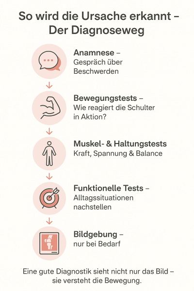 Infografik zeigt den physiotherapeutischen Diagnoseweg bei Schulterschmerzen – von Anamnese und Bewegungstests über Muskel- und Haltungstests bis hin zu funktionellen Tests und Bildgebung bei Bedarf.