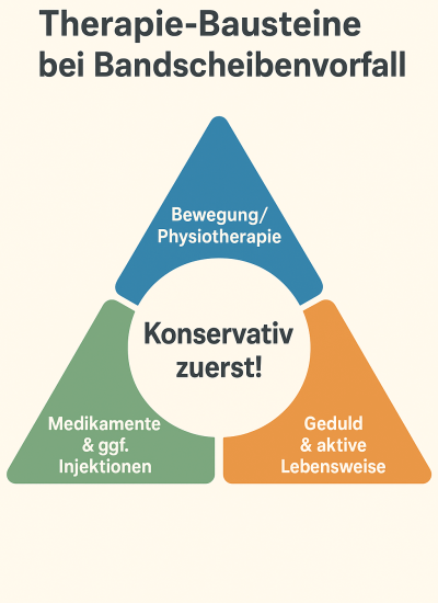 Infografik zeigt drei Therapie-Bausteine bei Bandscheibenvorfall: Bewegung/Physiotherapie, Medikamente & Injektionen sowie Geduld & aktive Lebensweise. In der Mitte steht „Konservativ zuerst!“.